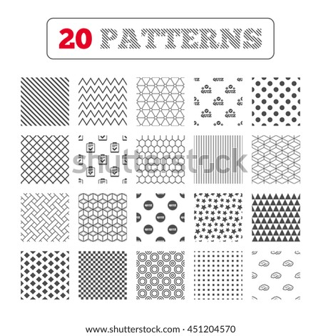 Ornament patterns, diagonal stripes and stars. Quiz icons. Human brain think. Checklist symbol. Survey poll or questionnaire feedback form. Questions and answers game sign. Geometric textures. Vector
