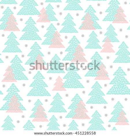 Winter seamless pattern of pink and green mosaic fir trees and snowflakes. Simple geometric Happy New Year and Christmas background. Cold northern wood in Scandinavian style. Vector illustration.