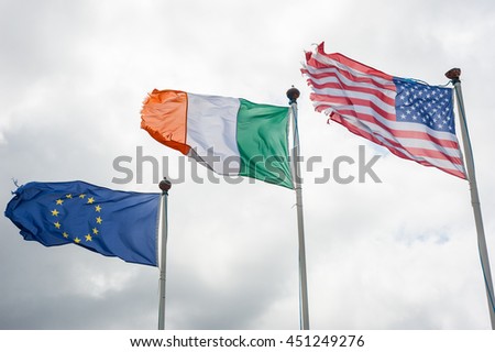 European, Irish and American flags blowing in the wind