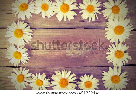chamomile pattern on wooden background, retro filter effect. Vintage floral background,  flat lay, top view