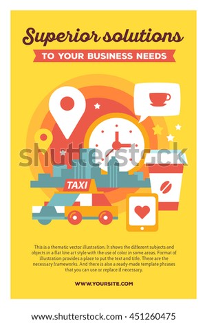 Vector creative colorful illustration of modern city taxi service with business header and text on yellow background. Taxi service poster template. Flat style design for urban daily life theme