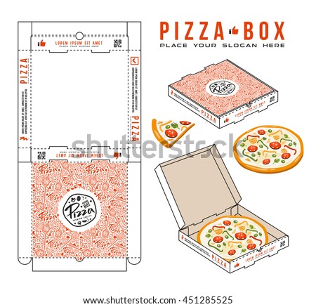 Stock vector design of boxes for pizza. Unwrapped box with layout elements and 3d presentation