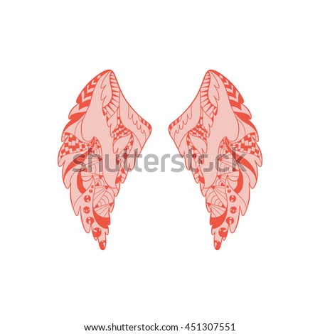 Angel or bird wings ornate silhouette. Vector illustration isolated on white background. Hand drawn  ornamental picture. Zentangle colorful pattern.