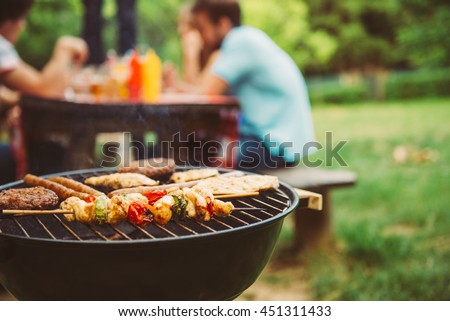 Friends making barbecue and having lunch in the nature. Royalty-Free Stock Photo #451311433