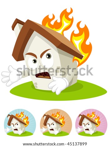 House cartoon character  illustration frightened seeing his part get burned by fire