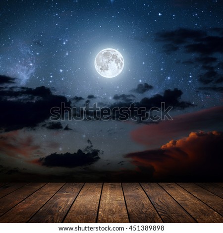 background night sky with stars, moon and clouds. wood floor. Elements of this image furnished by NASA