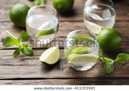 Fresh cocktail with lime and mint, selective focus