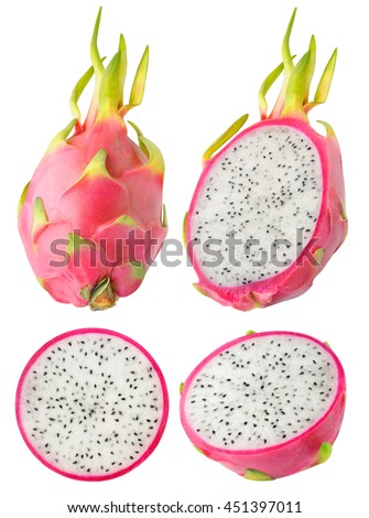 Isolated dragonfruit. Collection of whole and cut dragon fruits isolated on white background with clipping path