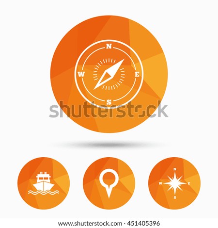 Windrose navigation compass icons. Shipping delivery sign. Location map pointer symbol. Triangular low poly buttons with shadow. Vector