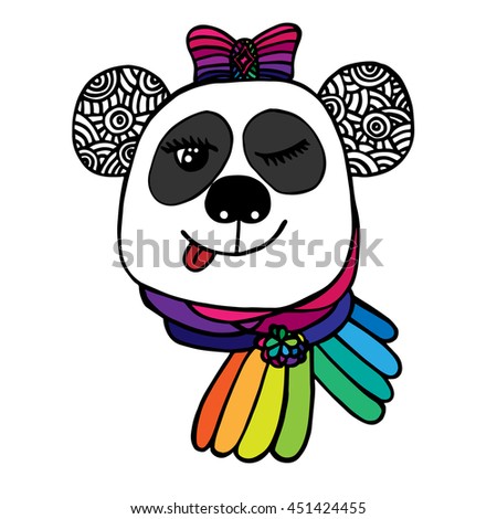 Multicolor head of smile Panda with bow color of rainbow. Sketch for tattoo, poster, print or t-shirt. Relaxing coloring book for adult and older children.