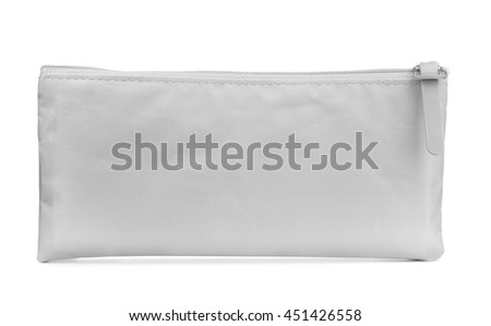 Front view of grey pencil case isolated on white Royalty-Free Stock Photo #451426558