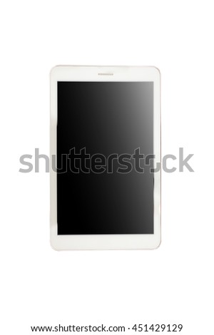 White tablet computer with blank screen mockup lies on the surface, isolated on white background. Whole image in focus, high quality.
