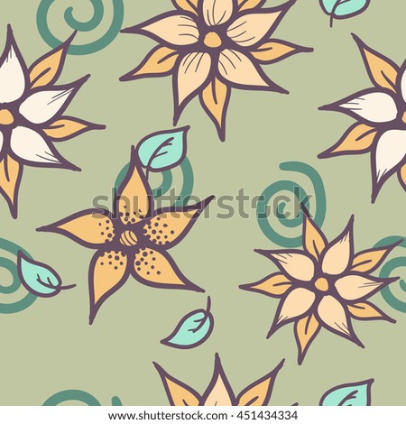 Vector hand drawn floral seamless pattern - fantasy abstract plant with violet flowers in calm colors for fashion fabric textile print