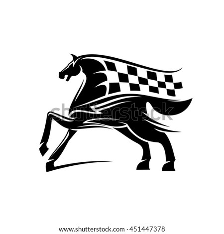 Speed and power racehorse pawing foreleg black silhouette with flowing mane and tail in a shape of race flag ornated by tribal ornamental elements. Use as motorsport badge or equestrian theme design