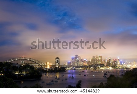 Sydney city panorama night view light illumination cityline famous place harbor highlights blue sky