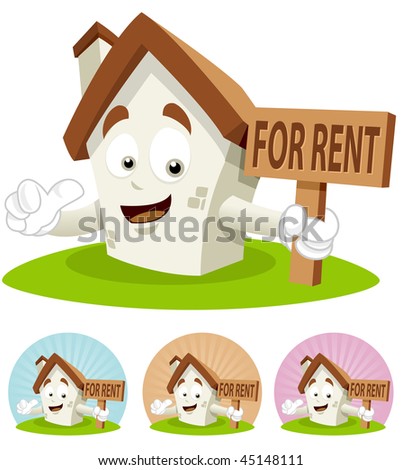 House cartoon character  illustration holding for rent sign board