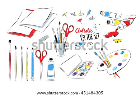 Vector set of artists supplies on white background.