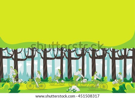 Green forest with people riding bicycles
