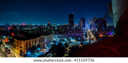 Downtown Mexico City skyline at night from top of the revolution monument Royalty-Free Stock Photo #451509736