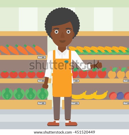 An african-american female supermarket worker showing thumb up on the background of shelves with vegetables and fruits in supermarket. Vector flat design illustration. Square layout.