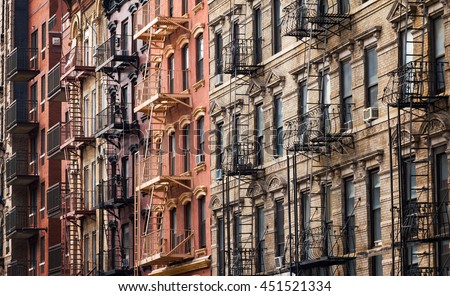 Buildings along 3rd Street near Tompkins Square Park in the East Village of Manhattan, New York City Royalty-Free Stock Photo #451521334