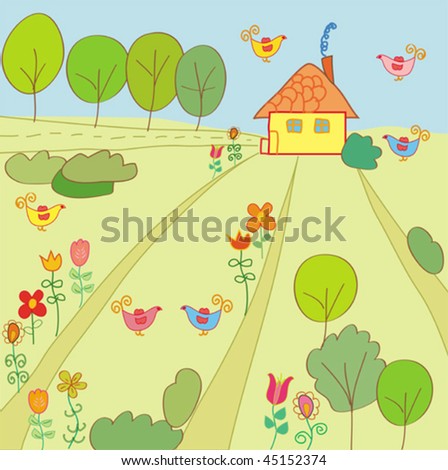 Summer landscape with house, flower and birds