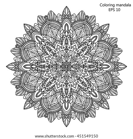 Coloring book for adult and older children. Coloring page with mandala made of decorative vintage flowers and decorative butterflies. Outline hand drawn. Vector illustration.