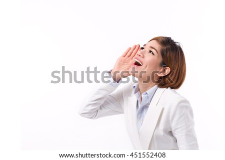 successful businesswoman shouting, speaking, looking up, studio isolated of asian female model