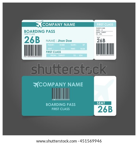 turquoise boarding pass.  Airline boarding pass ticket for traveling by plane. concept of travel, journey or business with bar code. Vector illustration. Royalty-Free Stock Photo #451569946