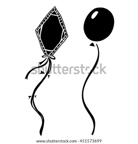 Kite. Balloon. Cartoon black hand drawn set isolated on white background