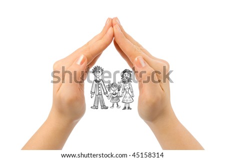 Family in house made of hands isolated on white background