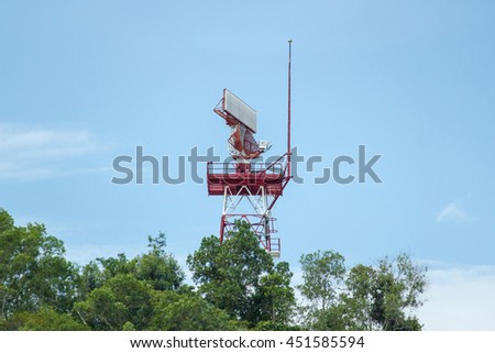 Air traffic control tower and airport radar on the green hill