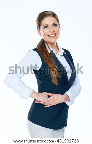 Business woman portrait on white isolated background. Smiling girl looking up.