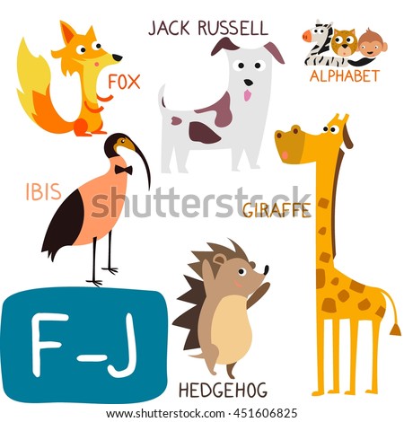 Cute Animal Zoo Alphabet. Letter F-J. Fox, Giraffe, Hedgehog, Ibis and Jack Russell. Fun teaching aids for Kids