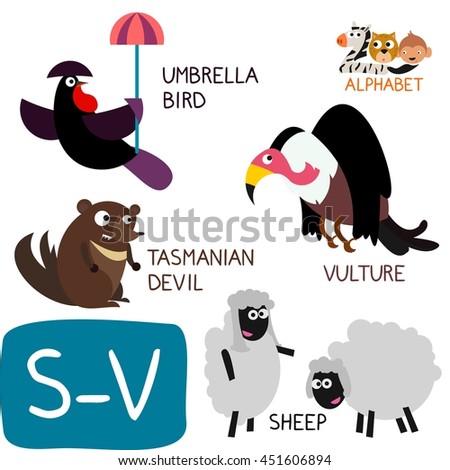 Animal Zoo Alphabet. Letter S-V. Sheep. Tasmanian Devil, Umbrella Bird and Vulture. Fun teaching aids for Kids