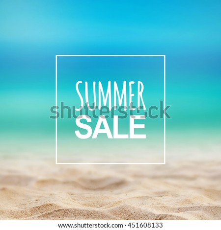 Summer sale banner with text and blurred sand with sea sky background, summer day.