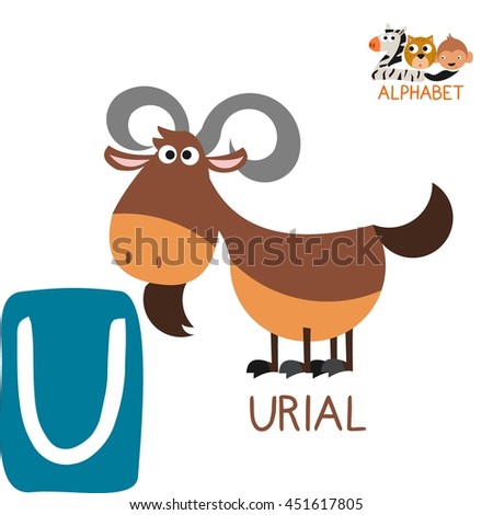 Cute Animal Zoo Alphabet. Letter U for Urial. Fun teaching aids for Kids