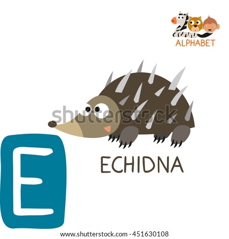 Cute Animal Zoo Alphabet. Letter E for Echidna. Fun teaching aids for Kids