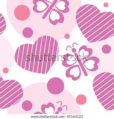 Valentine seamless pattern with hearts, butterflies and circles. Vector illustration