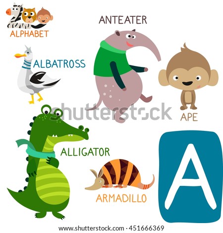Cute Animal Zoo Alphabet. Letter A for Alligator, Albatross, Ape, Anteater and Armadillo. Fun teaching aids for Kids