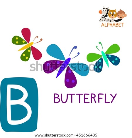 Cute Animal Zoo Alphabet. Letter B for Butterfly. Fun teaching aids for Kids
