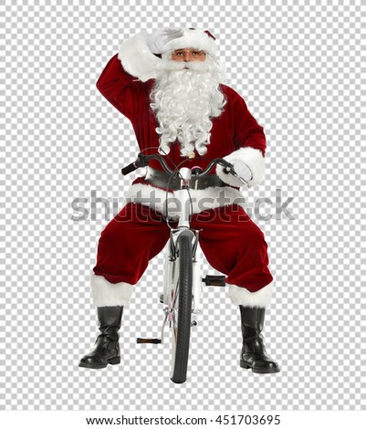 xmas photo with saved path of santa claus and funny white bike of retro chic 