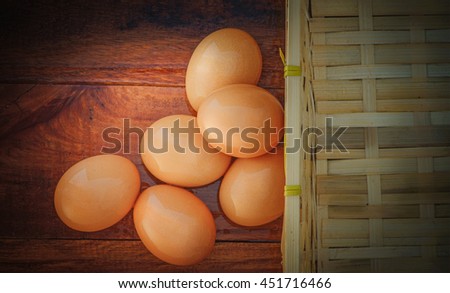 
Wet Eggs on wooden table background,Basket Weave dark tone with water reflections on skin eggs,vintage vignetting.
