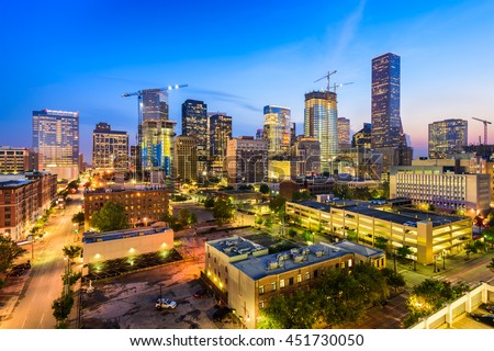Houston, Texas, USA downtown city skyline at twilight.