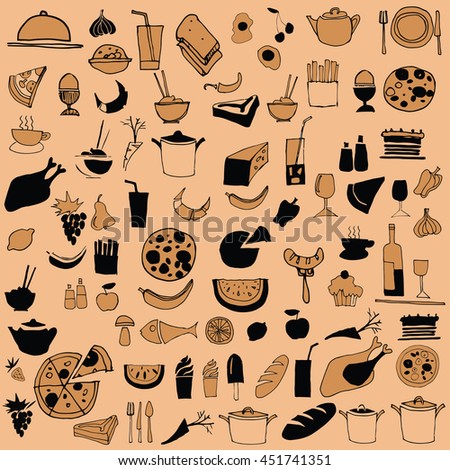 A set of drawings of food and drink