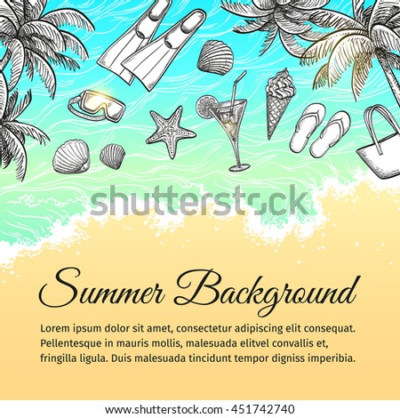 Summer sea background. Vintage hand drawn vector illustration.