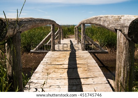 Wooden bridge which traverses a small creek leading to the ocean shore.
