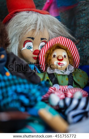 Color picture of clown puppets close-up