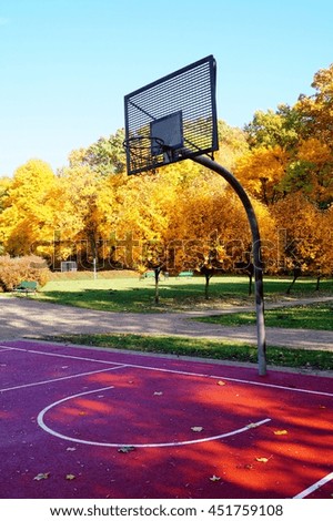 A basketball hoop in a park on a sunny autumn day,