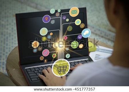 shopping cart with application software icons on laptop , business online concept
